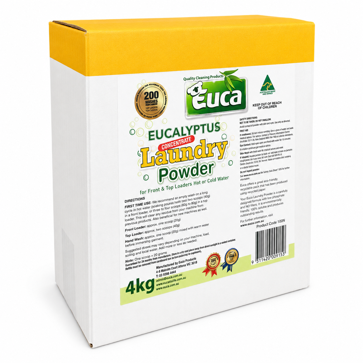 Euca Laundry Powder 4KG - Pure Eucalyptus Powered - Suitable for Front & Top Loader - Australian Made - Value Size 200 WASHES