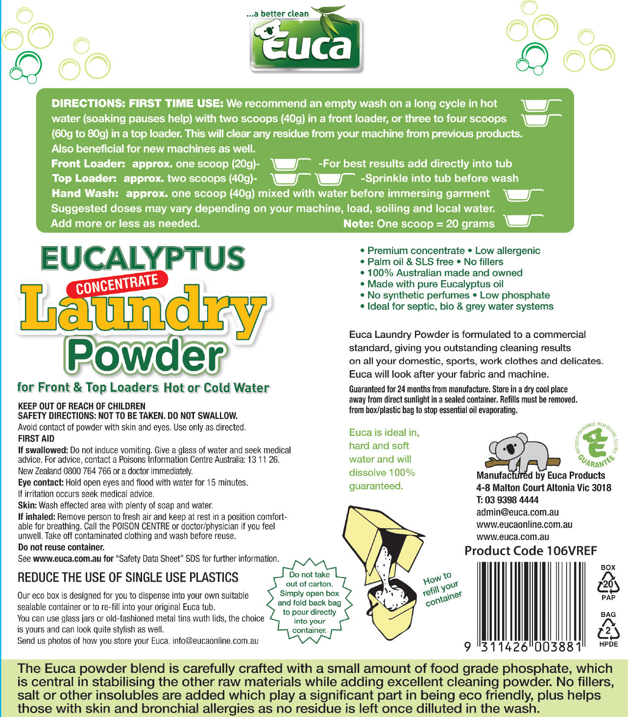 Euca Laundry Powder Refill 10kg 106VREF