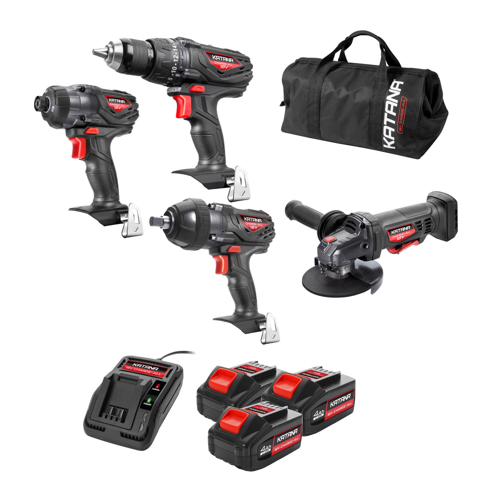 Katana by Kincrome 18V Cordless Drill, Rattle Gun, Grinder and Impact Driver Kit