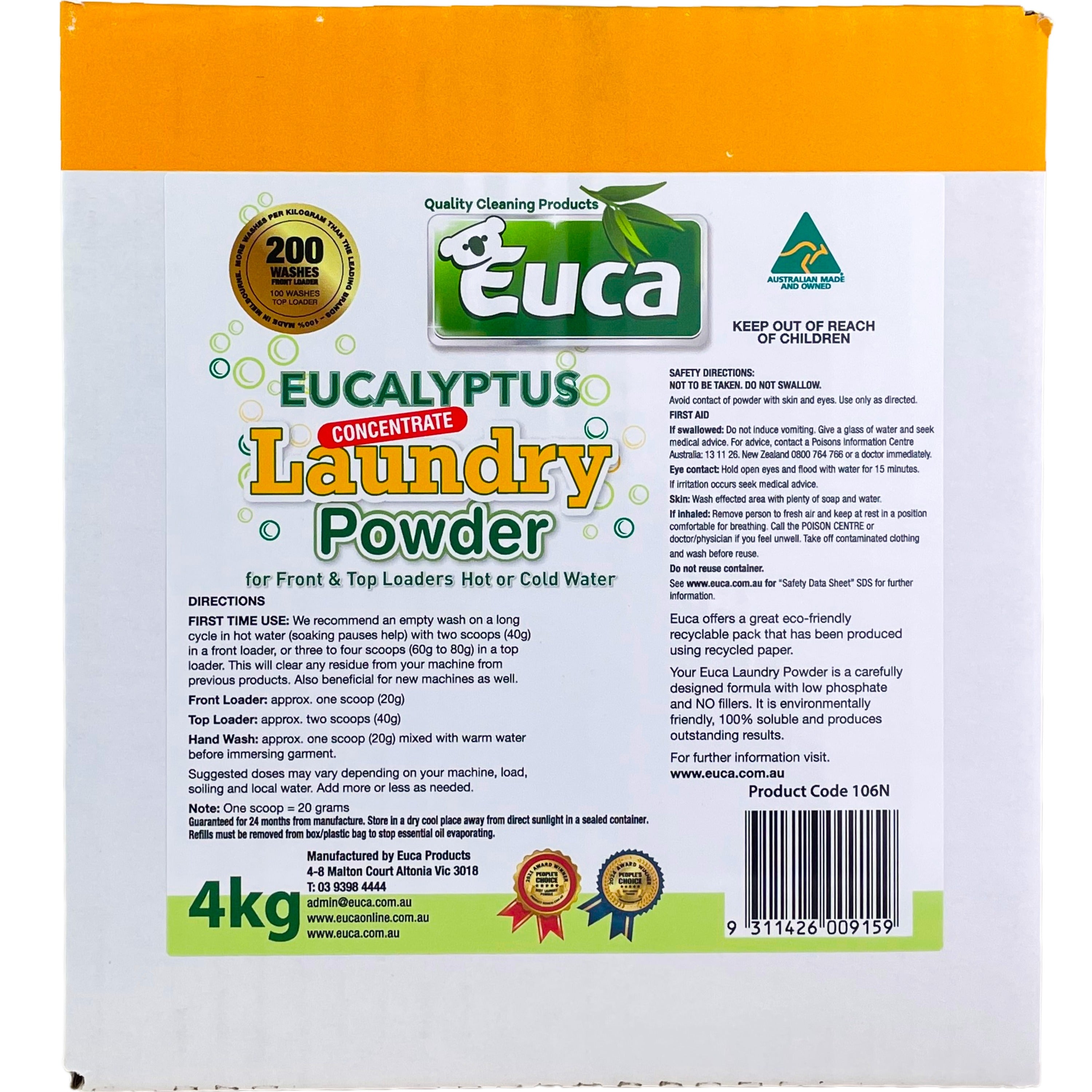 Euca Laundry Powder 4KG - Pure Eucalyptus Powered - Suitable for Front & Top Loader - Australian Made - Value Size 200 WASHES
