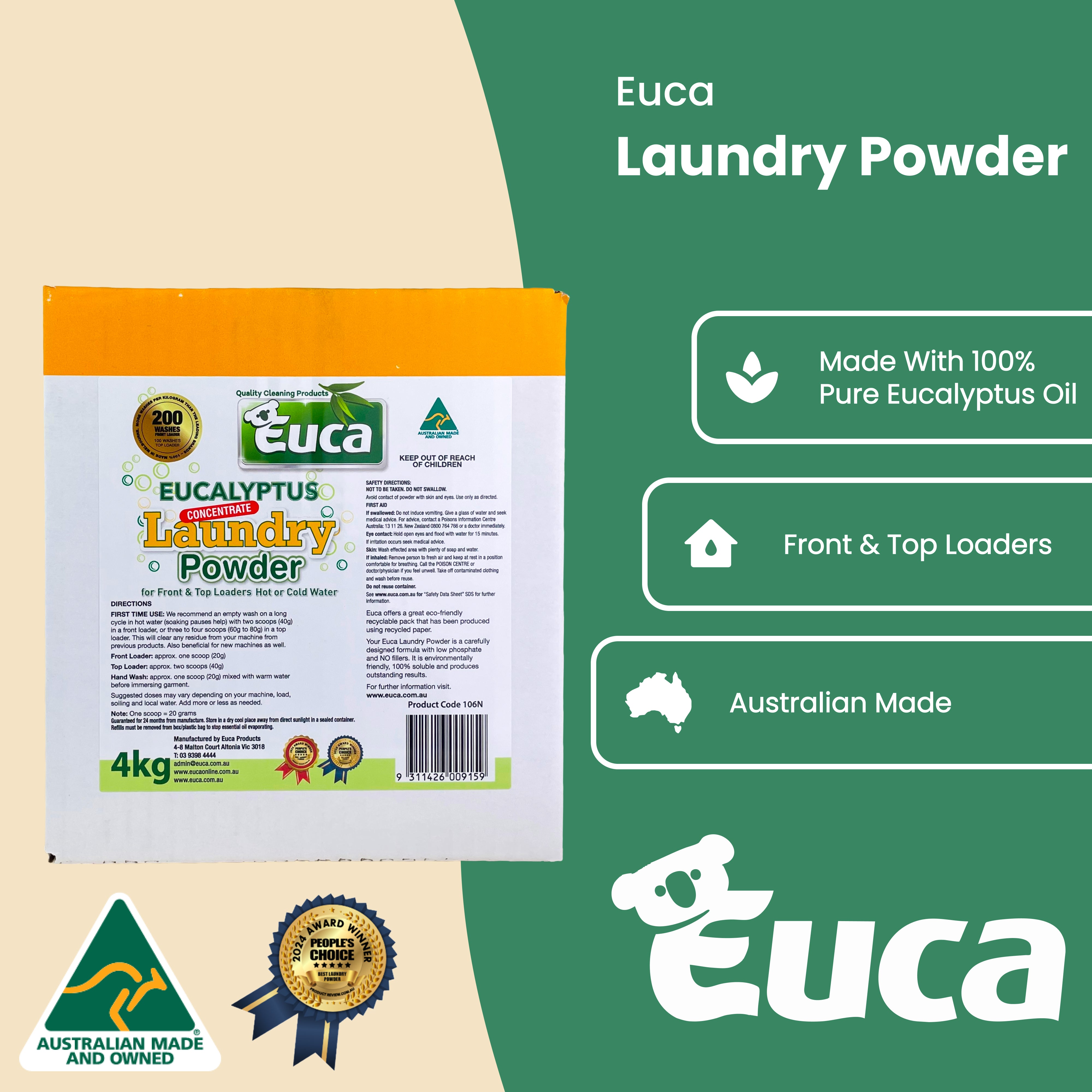 Euca Laundry Powder 4KG - Pure Eucalyptus Powered - Suitable for Front & Top Loader - Australian Made - Value Size 200 WASHES