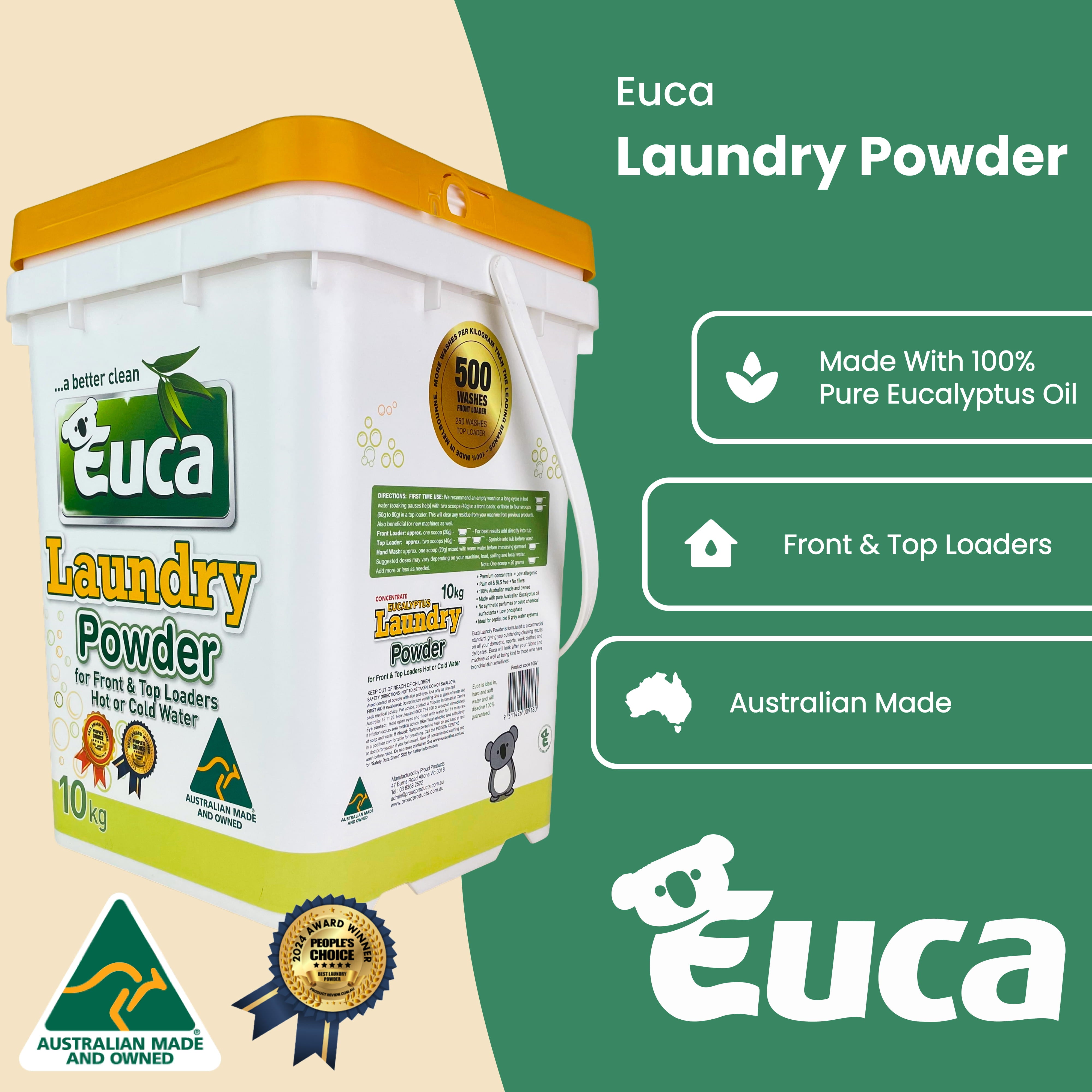 Euca Laundry Powder 10KG Pure Eucalyptus Powered for Front & Top Loader - Australian Made - Value Size 500 Washes